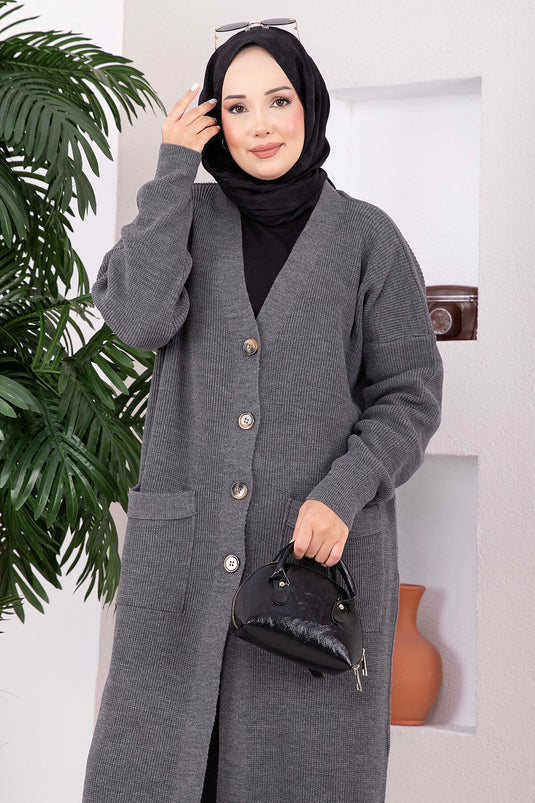 كارديغان طويل محبوك بأزرار وجيوب باللون أنثراسيت