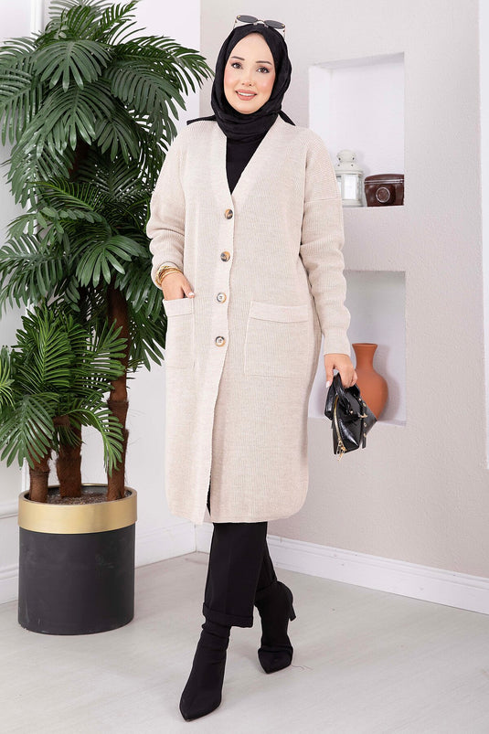 Cardigan long en maille à poches boutonnées beige