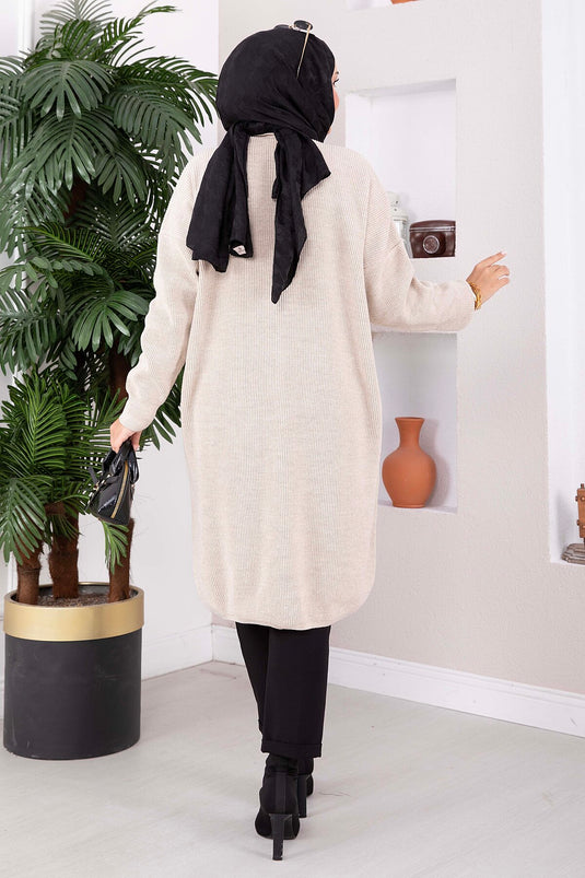 Cardigan long en maille à poches boutonnées beige