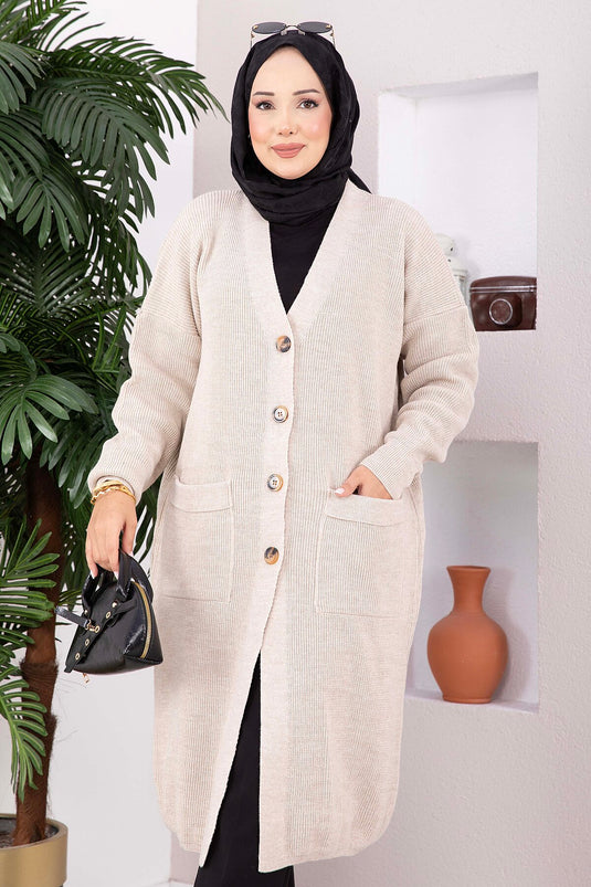 Cardigan long en maille à poches boutonnées beige