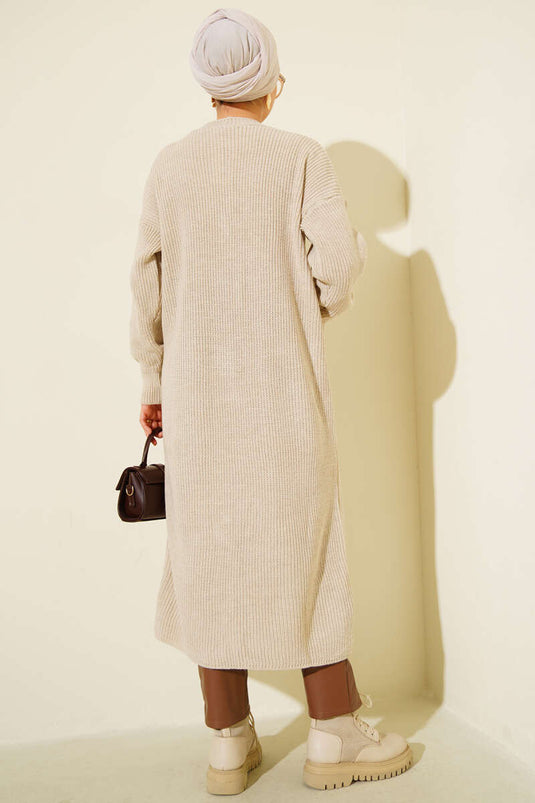 كارديجان طويل محبوك بأزرار وجيب، لون بيج