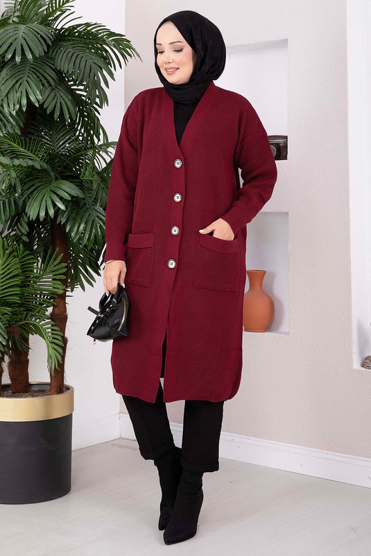 Cardigan lungo in maglia con tasche abbottonate, bordeaux