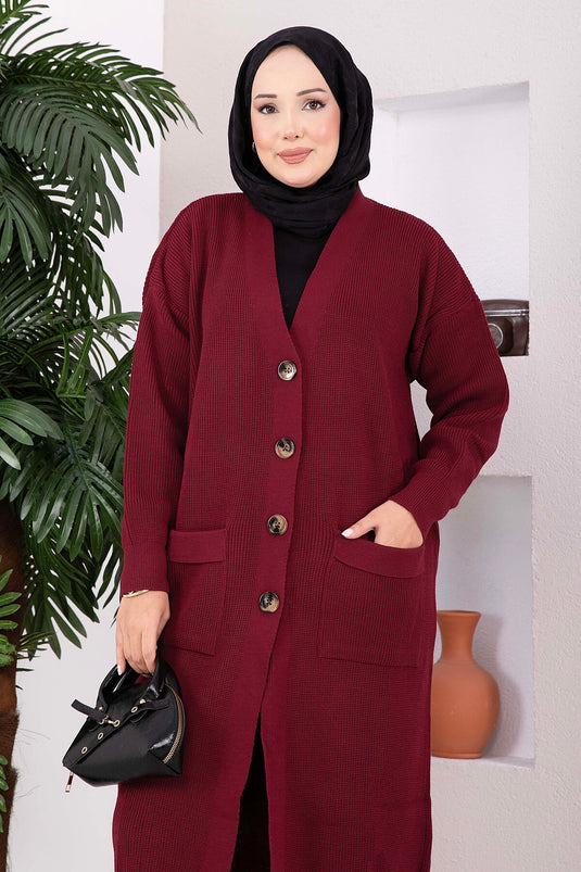 Cardigan long en maille avec poches boutonnées Bordeaux
