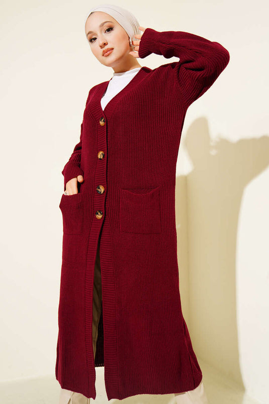 كارديجان طويل محبوك بأزرار وجيب، لون عنابي