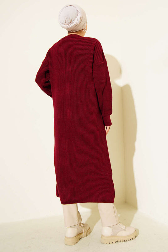 Buttoned Pocket Long Knit Cardigan Burgundy