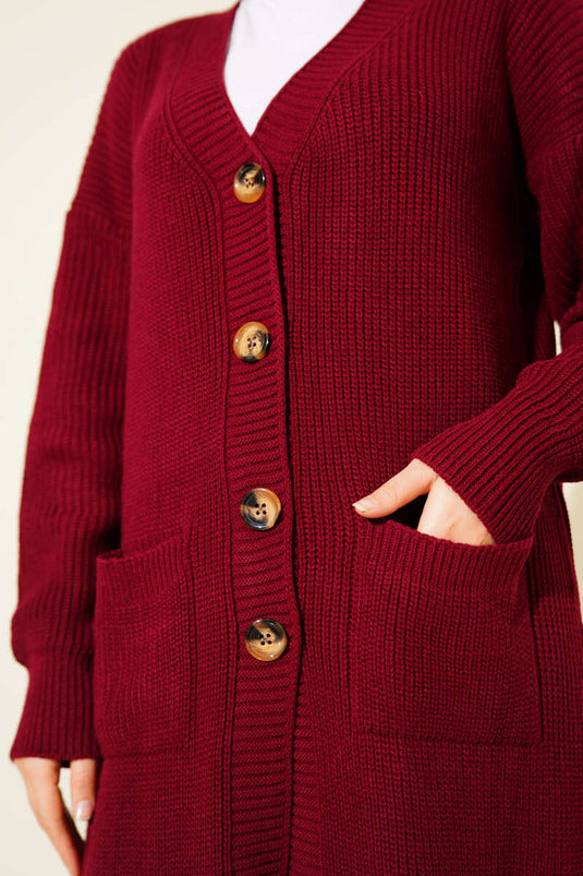 كارديجان طويل محبوك بأزرار وجيب، لون عنابي