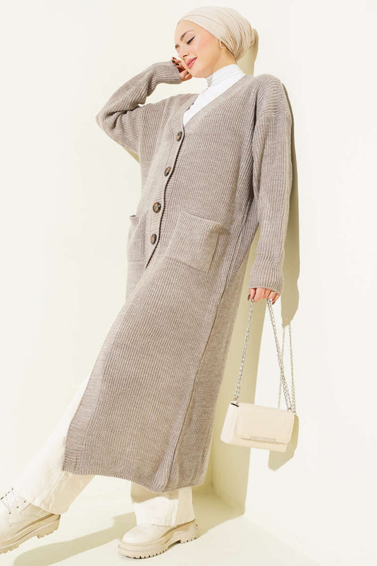 Bronzen Lange Gebreide Cardigan Met Knopen En Zakken