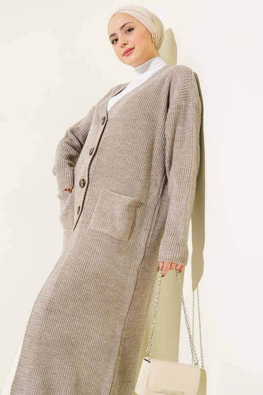 Bronzen Lange Gebreide Cardigan Met Knopen En Zakken