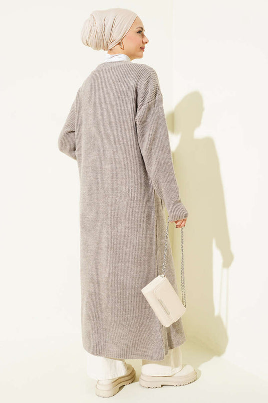 Bronzen Lange Gebreide Cardigan Met Knopen En Zakken