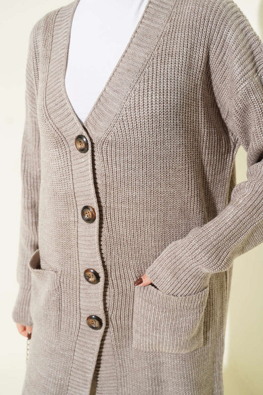Bronzen Lange Gebreide Cardigan Met Knopen En Zakken