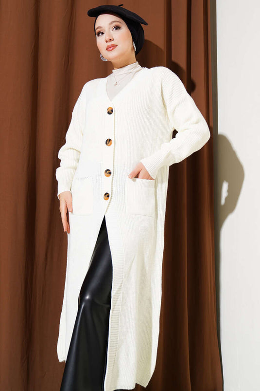 كارديجان طويل محبوك بأزرار وجيوب باللون البيج