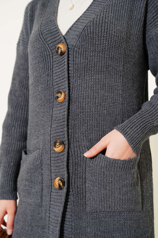 Gilet En Maille Long À Boutons Avec Poches, Couleur Fumé