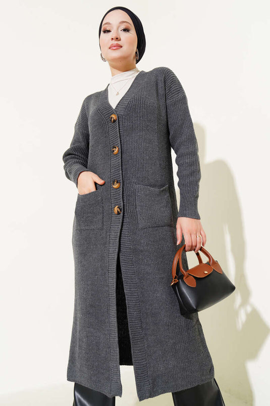 Long Knitted Cardigan with Buttons and Pockets, Smoke