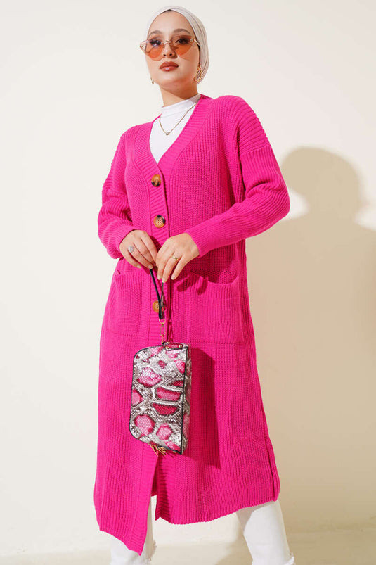 Long Knitted Cardigan with Buttons and Pockets, Fuchsia