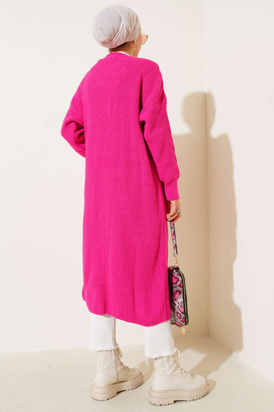 Long Knitted Cardigan with Buttons and Pockets, Fuchsia