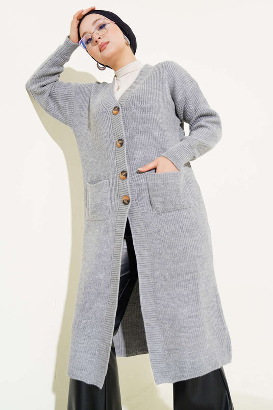 Gilet Long En Tricot À Boutons Avec Poches Gris