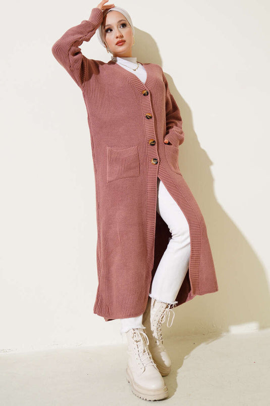 Cardigan long en maille avec boutons et poches, rose poudré