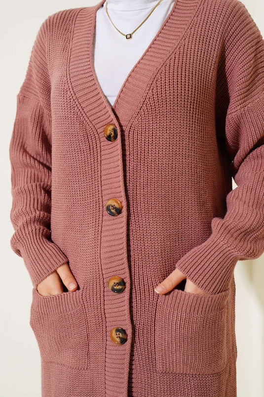 Cardigan long en maille avec boutons et poches, rose poudré