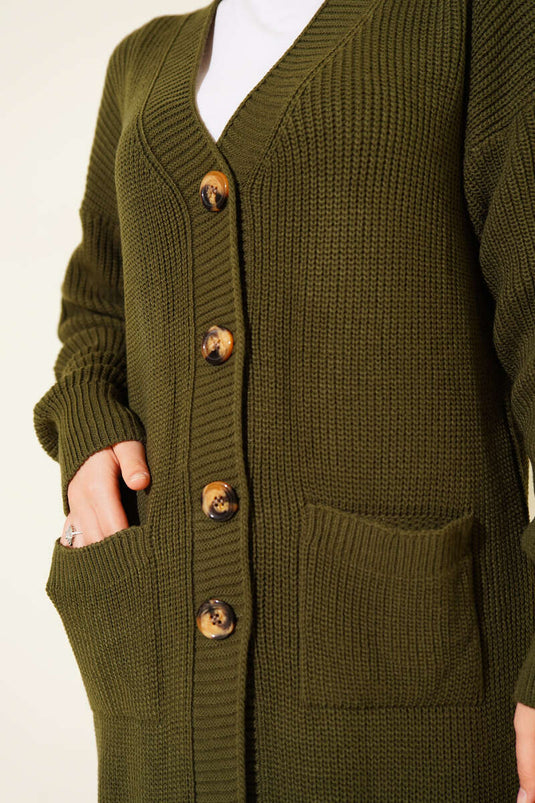 Cardigan long en maille avec poches boutonnées kaki