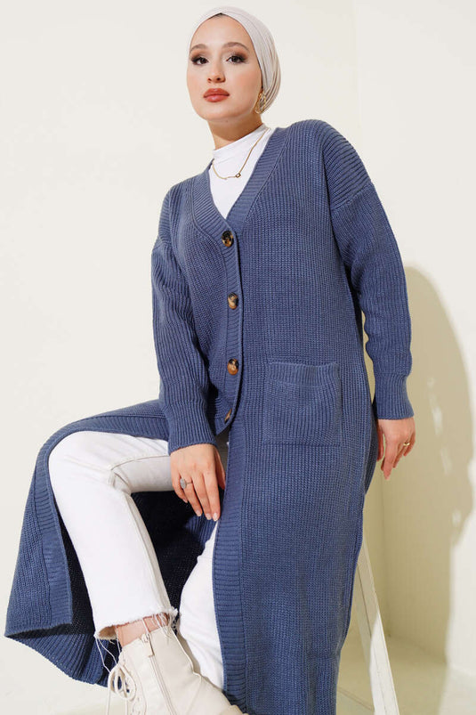 كارديجان طويل محبوك بأزرار وجيوب، نيلي
