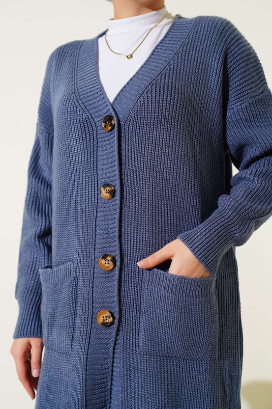 كارديجان طويل محبوك بأزرار وجيوب، نيلي