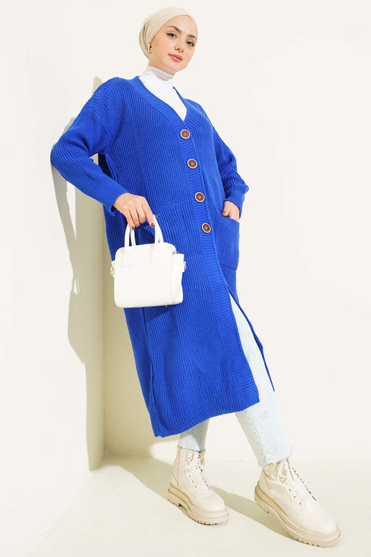 Düğmeli Cepli Uzun Triko Hırka Parlement