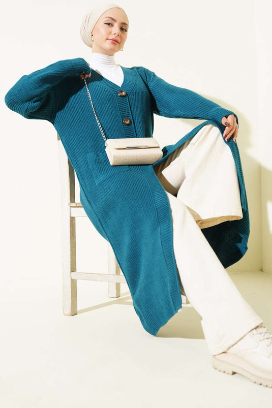 Düğmeli Cepli Uzun Triko Hırka Petrol