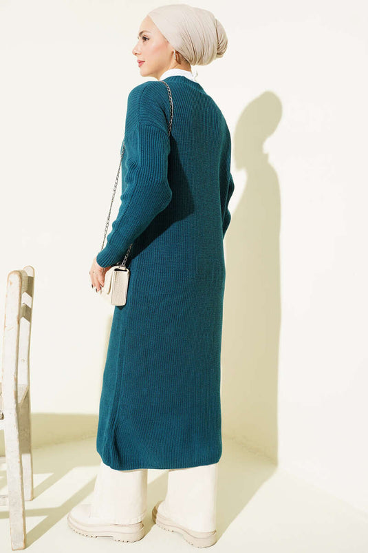 كارديغان صوفي طويل بأزرار وجيوب لون بترولي