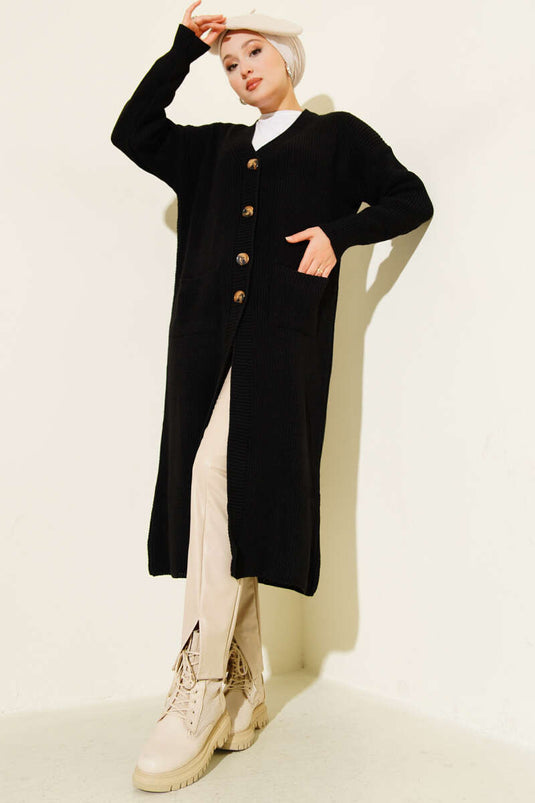 Long Knitted Cardigan with Buttons and Pockets, Black