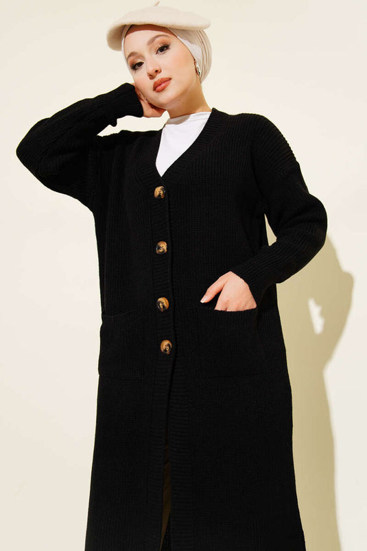 Long Knitted Cardigan with Buttons and Pockets, Black