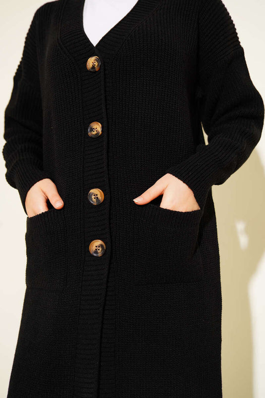 Long Knitted Cardigan with Buttons and Pockets, Black