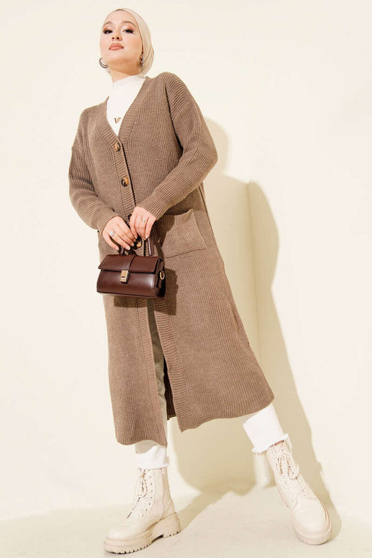 Düğmeli Cepli Uzun Triko Hırka Vizon