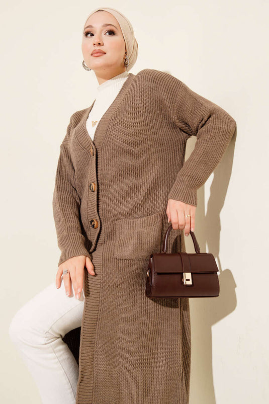 Düğmeli Cepli Uzun Triko Hırka Vizon