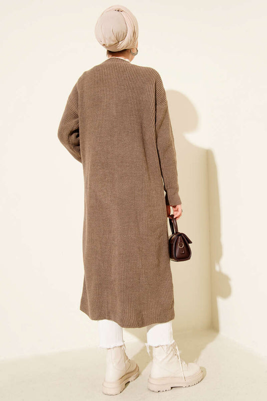 Düğmeli Cepli Uzun Triko Hırka Vizon