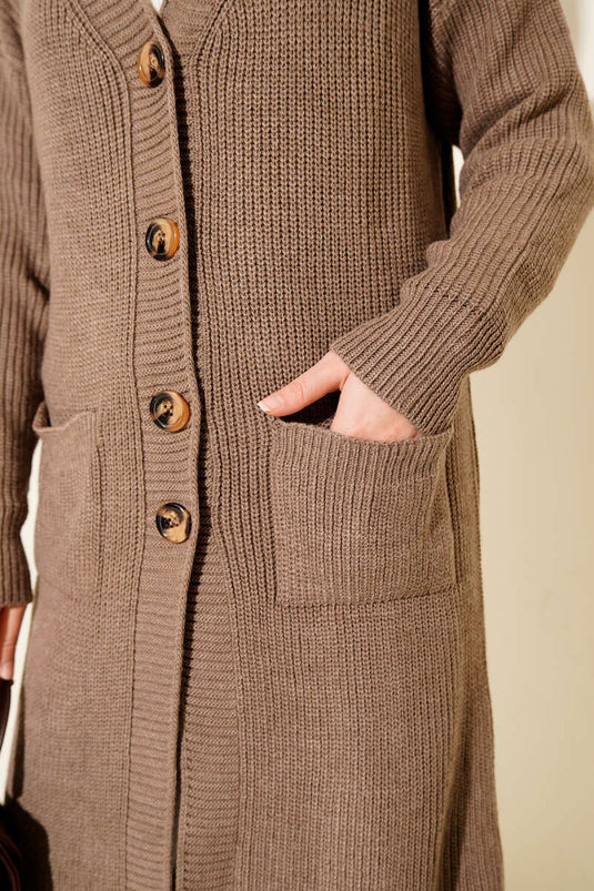 Düğmeli Cepli Uzun Triko Hırka Vizon