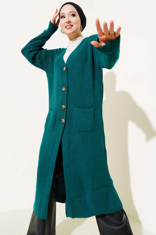 Buttoned Pocket Long Knitted Cardigan Emerald