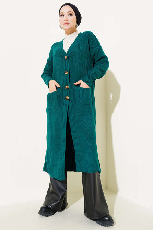 Buttoned Pocket Long Knitted Cardigan Emerald