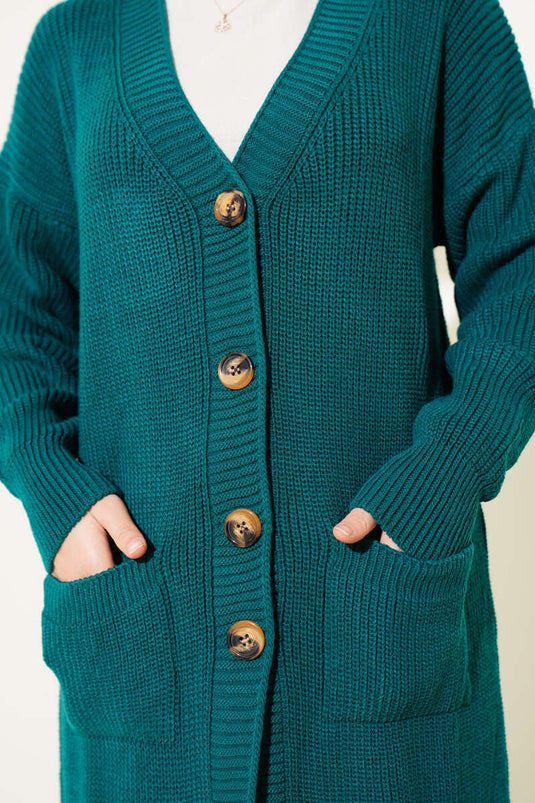 Buttoned Pocket Long Knitted Cardigan Emerald