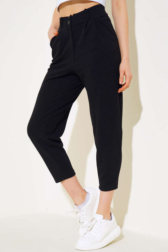 Buttoned Skinny Leg Trousers Black