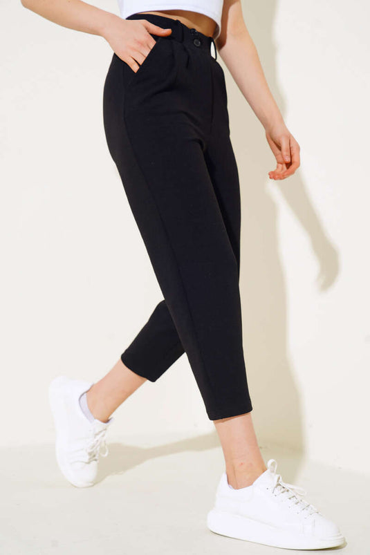 Buttoned Skinny Leg Trousers Black
