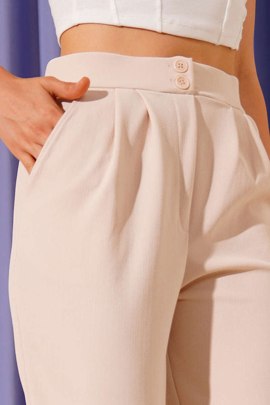 Düğmeli Dar Paça Pantolon Bej