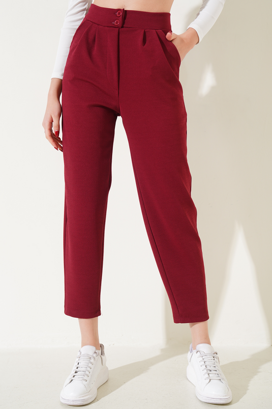 Buttoned Skinny Leg Trousers Burgundy