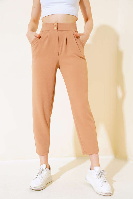 Buttoned Slim Fit Trousers Camel