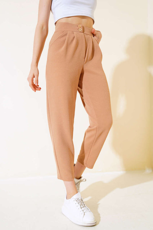 Buttoned Slim Fit Trousers Camel