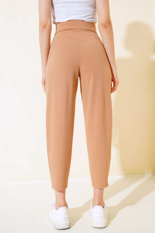 Buttoned Slim Fit Trousers Camel