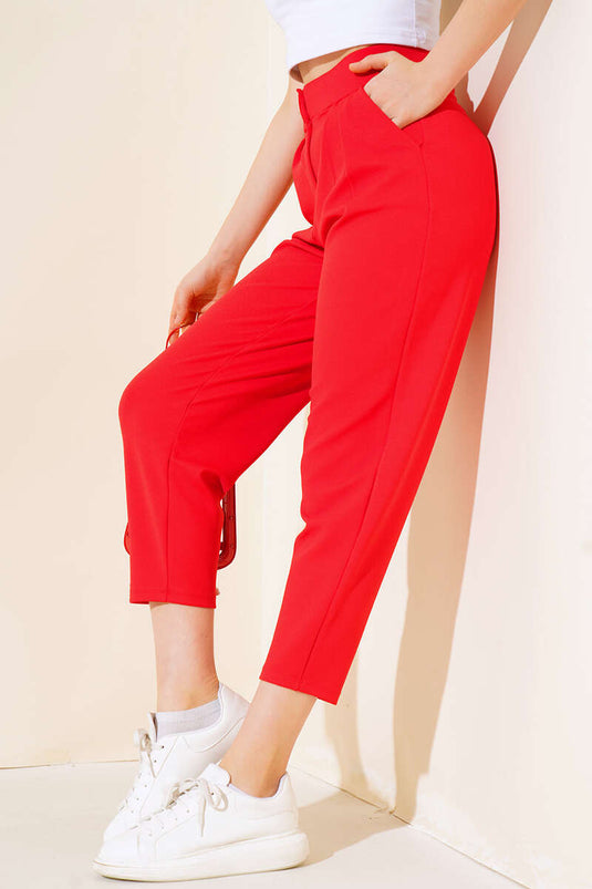 Buttoned Skinny Leg Trousers Red
