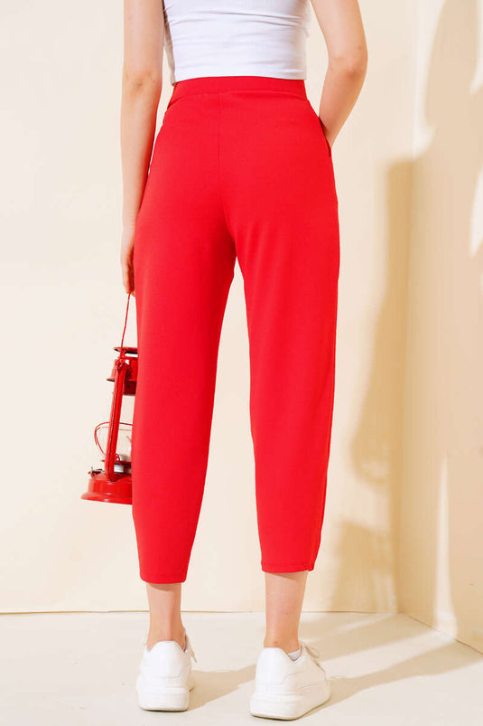 Buttoned Skinny Leg Trousers Red