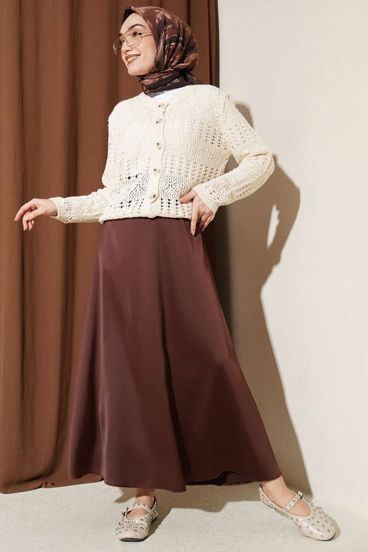 Cardigan court ajouré à motifs avec boutons beige