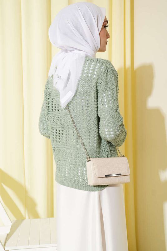 Cardigan court ajouré à motifs avec boutons, couleur menthe