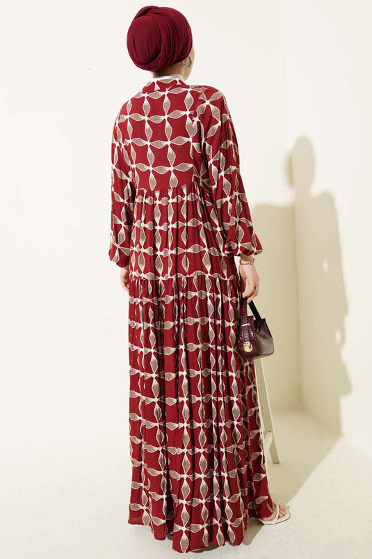 Kleid mit Knöpfen, Muster und elastischem Handgelenk in Bordeaux